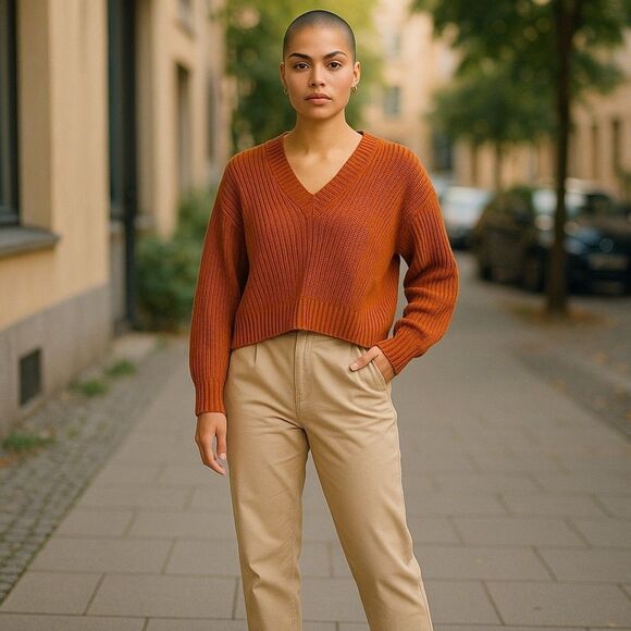 Rust Brown Ribbed V-Neck Knit Sweater Long Sleeve Pullover Size XS, S, M, XL - Picture 3 of 3